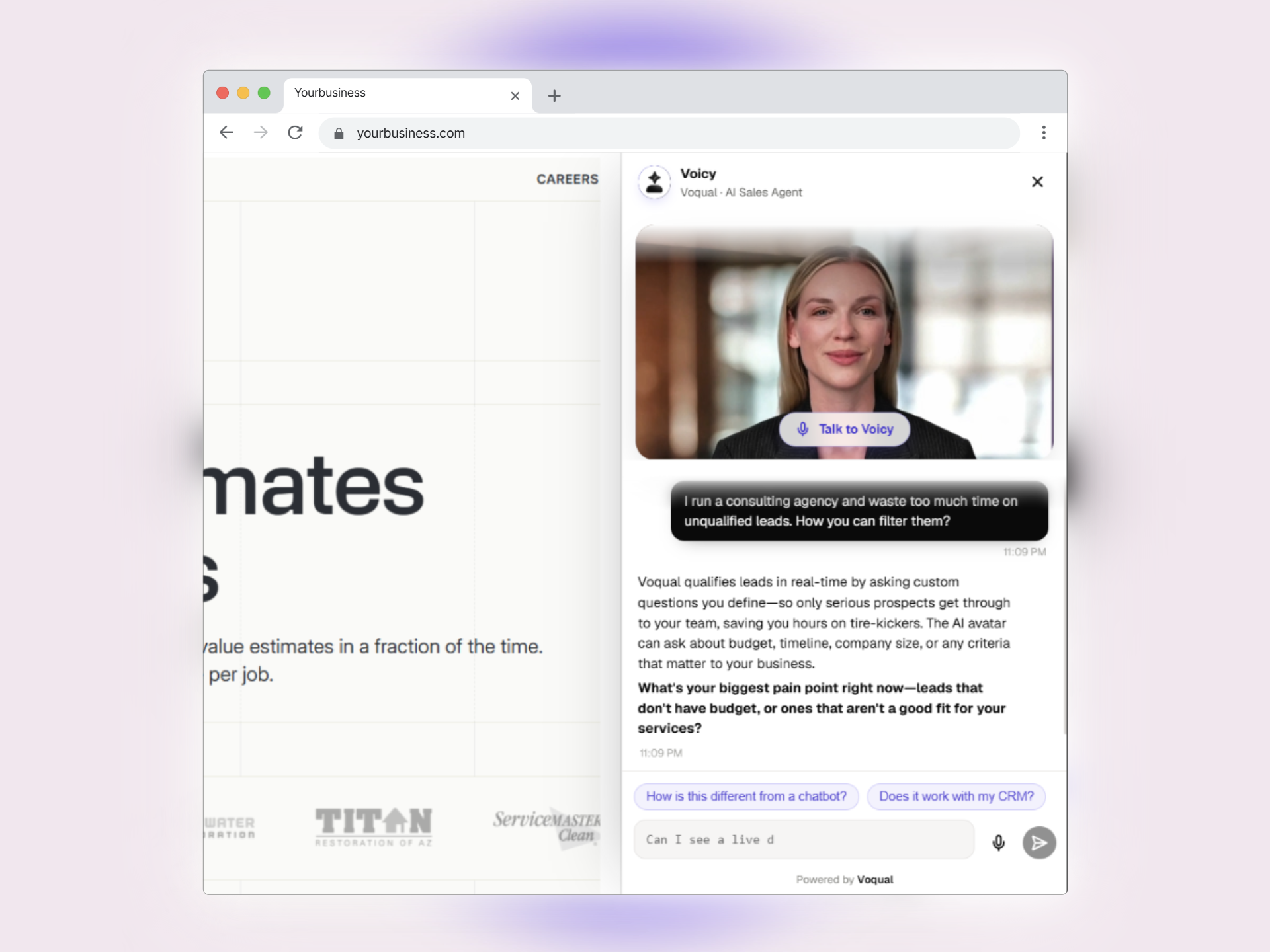 Voqual's talking AI avatar open on a business website, answering a visitor's question and qualifying the lead in real time